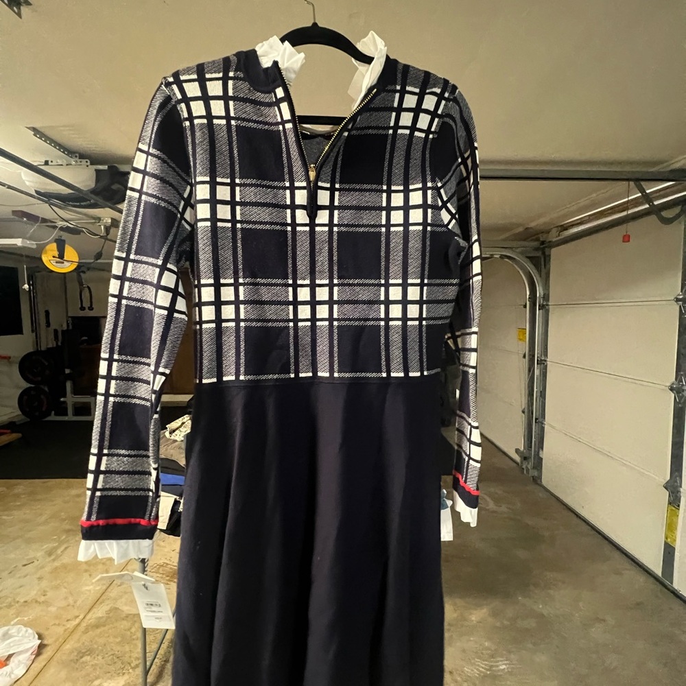 Chic Plaid Long Sleeve Dress - Navy and White